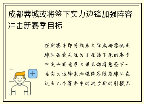 成都蓉城或将签下实力边锋加强阵容冲击新赛季目标