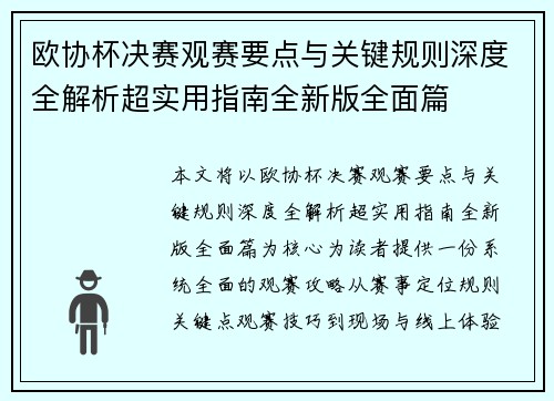 欧协杯决赛观赛要点与关键规则深度全解析超实用指南全新版全面篇