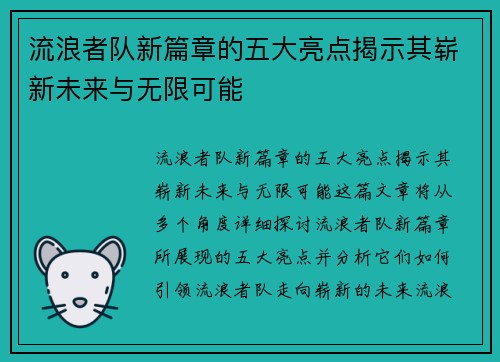 流浪者队新篇章的五大亮点揭示其崭新未来与无限可能