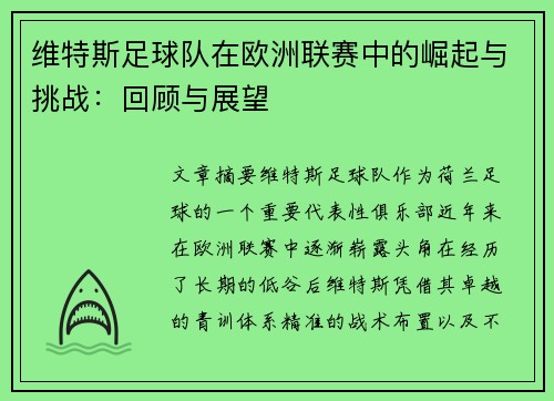 维特斯足球队在欧洲联赛中的崛起与挑战：回顾与展望
